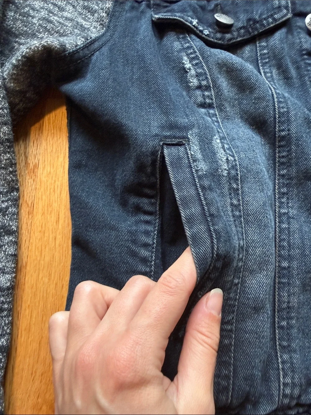 Free People Hooded Denim Jacket with Knit Sleeves - Gray/Black - Picture 4 of 10
